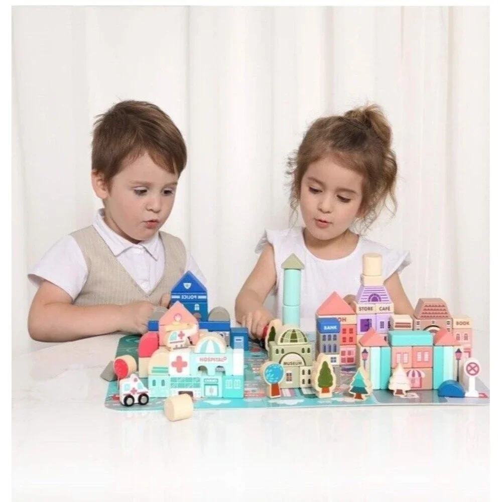 Wooden Building Blocks Set City Construction Stacking Preschool Montessori Learn